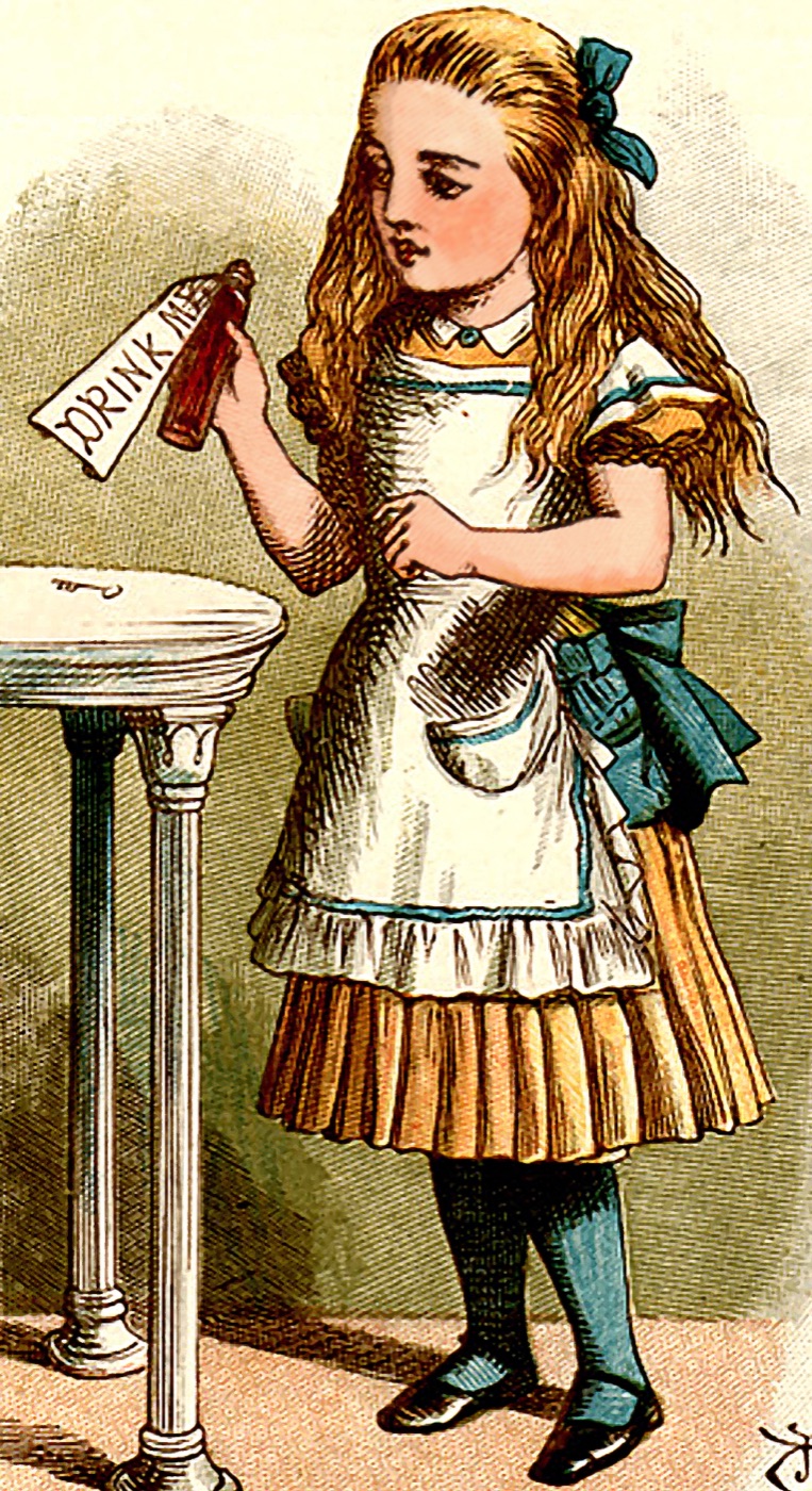 Alice holding the Drink Me bottle